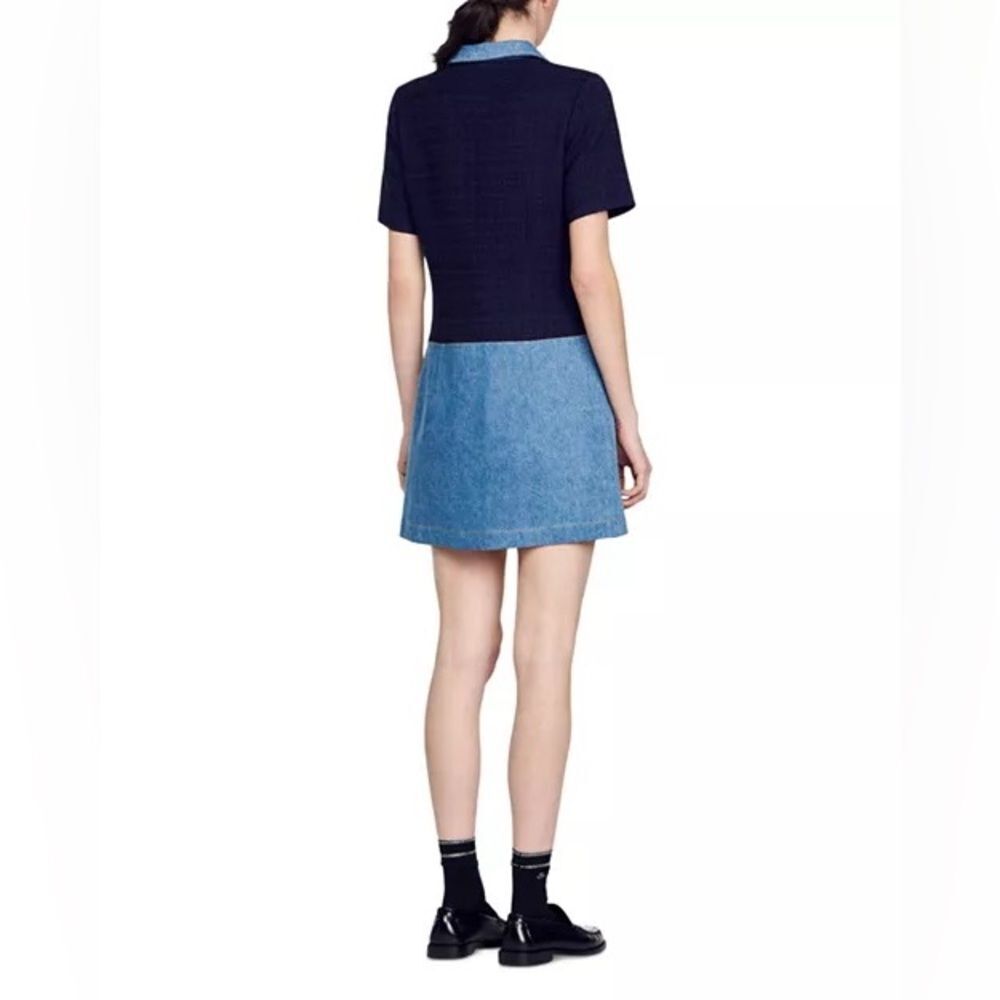 Sandro Brooke Mixed Media Shirt Dress Size US 2 / FR 34 Blue Tweed and Denim - Picture 2 of 16